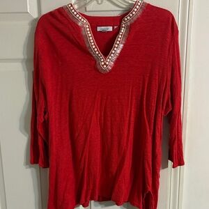 Chico's Vibrant Red Tunic with Embellished Neckline